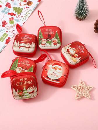 随机 2/5/10 件圣诞方形派对小礼物圣诞马口铁迷你袋圣诞饰品收纳盒节日圣诞零钱包套装 - 圣诞老人和雪人设计，各种形状适用于节日装饰和派对用品节日装饰雪人装饰