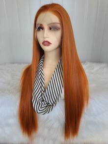 Parrucca frontale in pizzo elegante da 24 pollici di colore arancione sporco, parrucca frontale in pizzo sintetico con attaccatura dei capelli pre-sfoltita, fibra di capelli resistente al calore, parrucca liscia e setosa per donne, cosplay, feste, uso quotidiano - Multicolore - Visualizzare 7