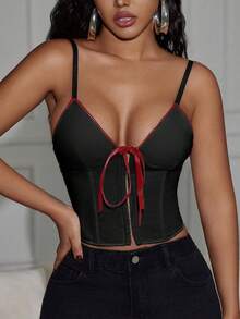 Áo tank top crop hai dây cổ chữ V phối satin tương phản thắt nơ phía trước của Yuwenier Y2K với chi tiết đinh tán và lỗ xỏ dây. - màu đen - Xem 5