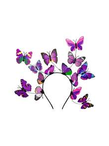 1pc Plastic Butterfly Headband Fascinator Hats Women Monarch Tea Party Headband Alice In Wonderland Hat Costume( Butterflies In The Same Color Scheme With Random Patterns) - Purple - View 4