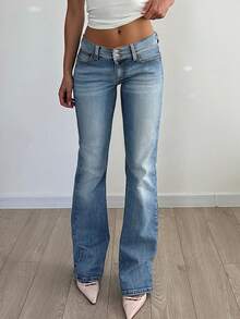 跨境女装四季复古气质宽腰头排扣修身低腰水洗紧身牛仔裤休闲辣妹简约百搭女牛仔裤 - 中等水洗藍 - 查看 8