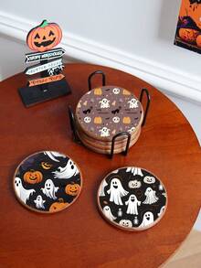 6pcs Wooden Coaster Set With Iron Holder, Creative Colorful Coasters For Halloween, Heat-Resistant Solid Wood Coasters, Anti-Slip Coasters For Cafe, Restaurant, Beverages, Halloween Gifts, Random Wood Grain - A - View 6