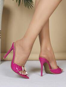 女士时尚高跟鞋，派对，经典尖头，露趾，露跟，金属 PU 皮革，一脚蹬，漆面鞋跟，细高跟，金属风格，夏季，户外，常规，女士香槟色凉鞋，高跟拖鞋，性感 - 玫紅色 - 查看 5