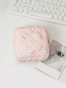 1pc Solid Color Rhombus Plaid Large Capacity Sanitary Pad Storage Bag, Cosmetic Organizer Bag, Ladies Makeup Pouch, Girls Tampon Storage Bag, Wallet-Style Portable Makeup Brush Holder Clutch