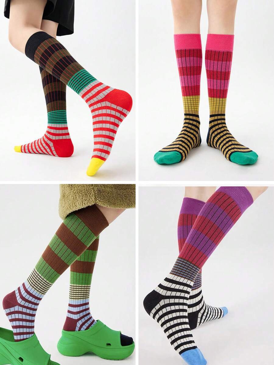 1 Paar/2 Paar Damen Farbblock gestreifte Kniestrümpfe, Retro-Ästhetik Socken, Mode Schlankheits-Socken für Frühling & Herbst, Y2K, gemütlich - Verschiedenfarbig - Übersicht 1