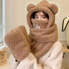 四合一冬季保暖熊手套、围巾、帽子和口罩套装，寒冷天气外出必备，可爱熊耳连帽毛绒围巾，女士情人节礼物