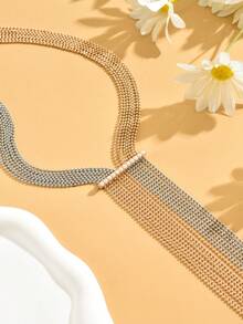 1pc Fashion Square Box-Shaped Chain Multilayer Long Necklace With Acrylic Pearl Decor Metal Charm, Suitable For Dress Up