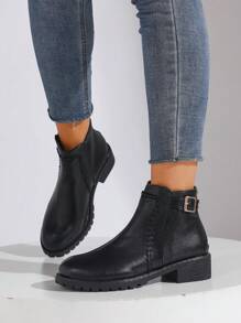 Women's Autumn/Winter Leather Front Zipper Fashion Belt Buckle Thick Heel Round Toe Boots, Breathable Fabric Lining, Flat Comfortable For Long-Time Wear, Versatile For Daily, Party, Travel, Retro British Style