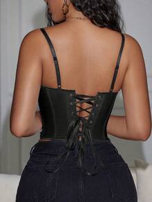 Áo tank top crop hai dây cổ chữ V phối satin tương phản thắt nơ phía trước của Yuwenier Y2K với chi tiết đinh tán và lỗ xỏ dây. - màu đen - Xem 2