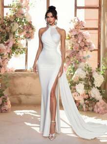 优雅的白色缎面露背吊带长款舞会礼服，配有可调节后系带、长拖尾、晚礼服、舞会礼服、婚纱、新娘礼服 - 白色 - 查看 5