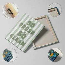 1pc So Fresh And So Clean Wall Art Picture Sage Green Striped Prints Canvas Paintings Funny Bathroom Posters Retro Quote Decor For Bedroom,Living Room,Dorm Y2k Apartment Laundry Room Decor Gift For Her Unframed Or Framed - Multicolor - View 2