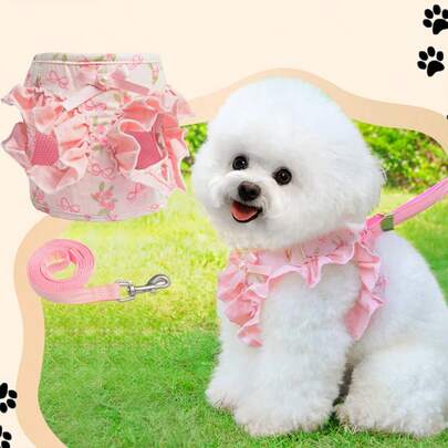 2pcs/Set Rose Print Harness And Leash Set, Korean Style Adjustable Harness, Bow Lace Design, Anti-Strangulation, Easy To Put On And Take Off High-Value Dog Skirt, Princess Style Dog Harness, Suitable For Party Outing Travel Dress-Up