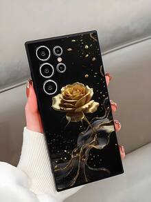 1 件镀金玫瑰防摔防滑黑色手机壳适用于 Galaxy A04e/A05s/A13/A14/A15/A34/A35/A50/A52/A53/A54/S21/S22/S23/S24/S25/S25Ultra/24fe，此图案为平面印刷，非莫桑石防水防震防刮 - 黑色 - 查看 4