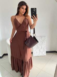 Long Wrap Dress With Straps - Nâu đất son - Xem 3
