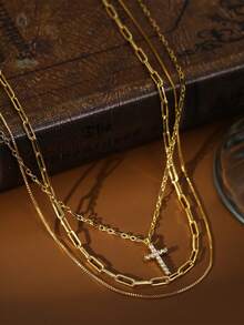 3件套独特叠戴项链，独立原创不对称链条和铜质十字架吊坠，镶嵌闪亮立方氧化锆，多层项链，适合女性日常佩戴、送礼（链条环数和珠子数量随机）