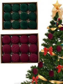 1个/12个装天鹅绒圣诞装饰球，植绒圣诞树球挂饰，防碎圣诞灯泡装饰套装，塑料天鹅绒装饰球，适用于节日婚礼派对家居装饰、圣诞装饰、房间装饰、冬季圣诞装饰、家居圣诞礼物、圣诞装饰 - 彩色 - 查看 2