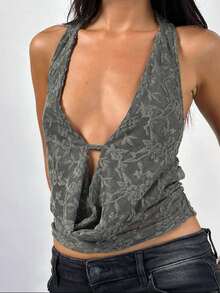 Women's Halter Neck Lace Tops Sleeveless Open Back Draped Front Slim Fit Cami Tops Summer Shirts - Dark Green - View 2