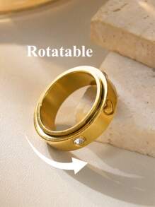 1pc 18K Gold Plated Stainless Steel Rotatable Star & Crystal Ring, Suitable For Women Daily Wear, Gift