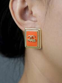 LADYCOCO 2 件时尚方形水晶字母耳环，适合女士，奢华优雅个性化耳环，2025 年新款 - 橘色方形 - 查看 3