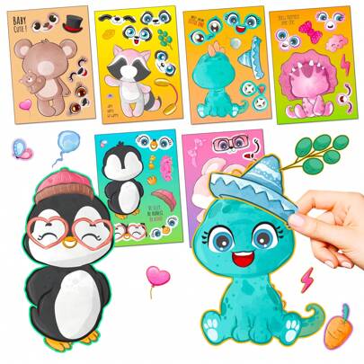 1 paquet de 6 autocollants puzzle de visages d'animaux girafe, tortue, tigre. Autocollants éducatifs calmes pour les enfants, autocollants puzzle cognitifs pour bébés