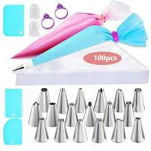 100-Piece Disposable Piping Bag Set – Cake Decorating Kit With 18 Tips, 3 Scrapers & Couplers – Icing Bag Kit For Home Baking & Professional Use - White - View 1