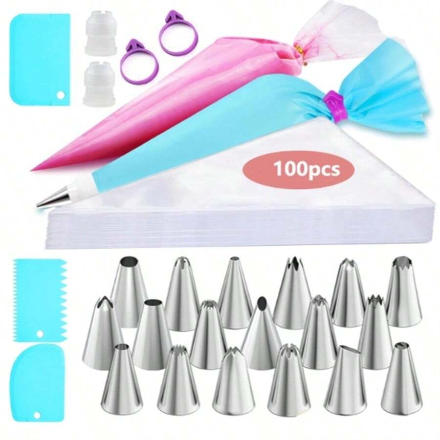 100-Piece Disposable Piping Bag Set – Cake Decorating Kit With 18 Tips, 3 Scrapers & Couplers – Icing Bag Kit For Home Baking & Professional Use - White - View 1