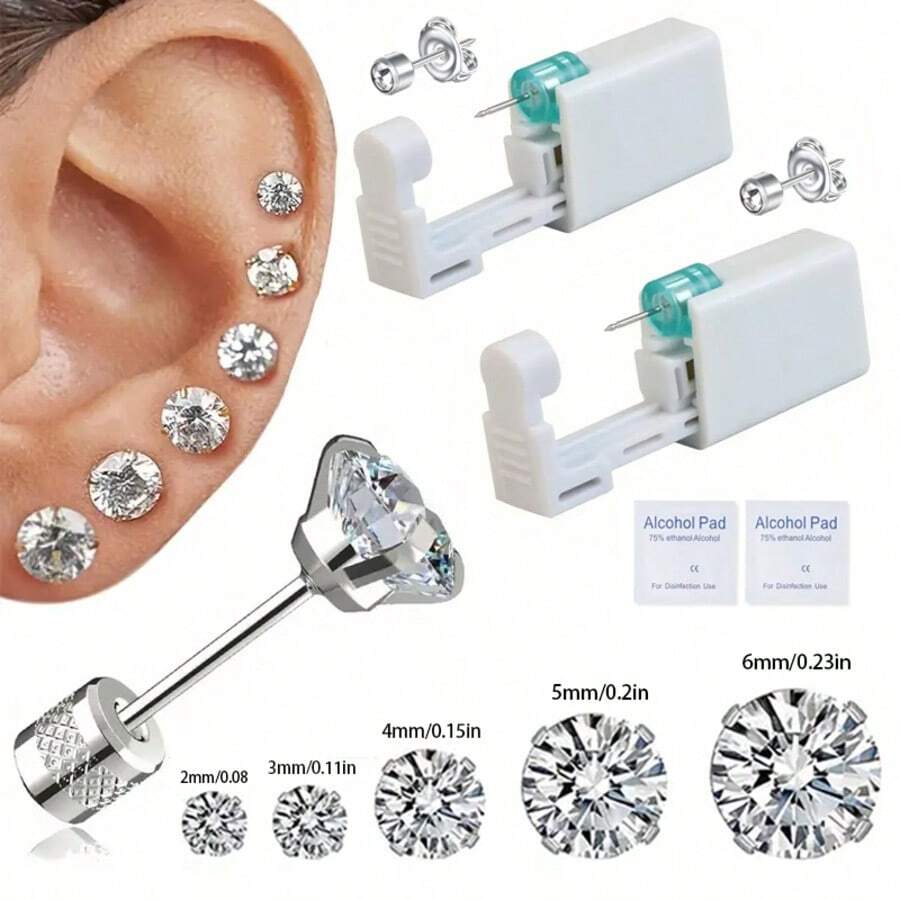 2 件套耳洞穿刺套装一次性无菌耳洞穿刺器，含 5 件不锈钢替换耳钉，男女通用，易于使用的耳钉枪，带硅胶垫
