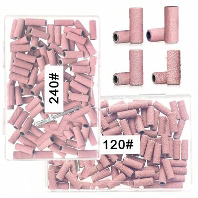 100 st. rosa små slipband för nagelborr, 1 st. 3 mm borr, mini-slipband med polering av naturliga naglar och rengöring av nagelband för förberedelse, 120#/150#/180#/240# korn