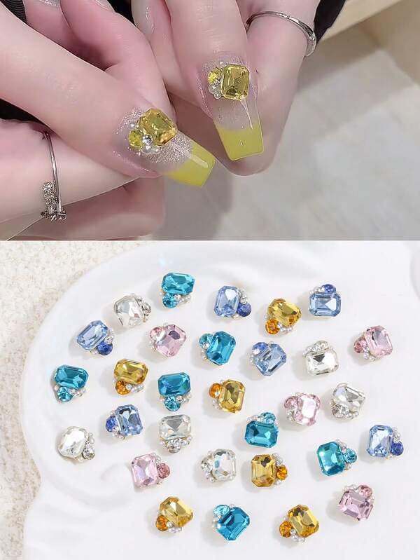 10PCS Nail Accessories: Rectangular Octagonal Stacked Diamond, Super Flash Small Square Candy, Long Octagonal Stacked Diamond Nail Decorations