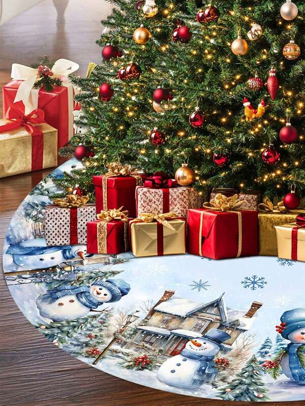 1 pezzo Gonna per albero di Natale, diametro opzionale 60/90cm, paesaggio invernale nevoso, motivo pupazzo di neve, fiocchi di neve cadenti e design di cottage, decorazione albero di Natale, decorazione natalizia per la casa