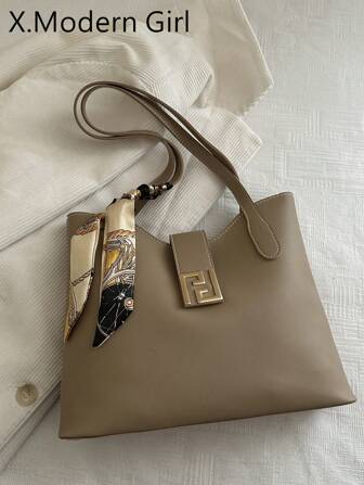 丝巾装饰单肩托特包 PU材质五金扣 大容量 轻巧百搭 通勤适用 丝巾