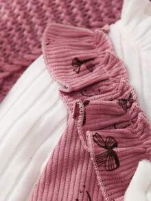 女宝宝花卉领蝴蝶结装饰全身印花撞色罗纹长袖连体衣