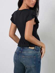 Women's Y2k Studded Tank Tops Solid Color Flying Sleeve Deep V Neck Ruffle Hem Slim Fit Vest Crop Tops Summer Cute Going Out Tops Shirts Party Club Streetwear - màu đen - Xem 2