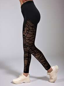 Workout Leggings For Women - High Waist Tummy Control Yoga Pants With Mesh Panel & Geometric Print, Gym Running Compression Tights - Black - View 4