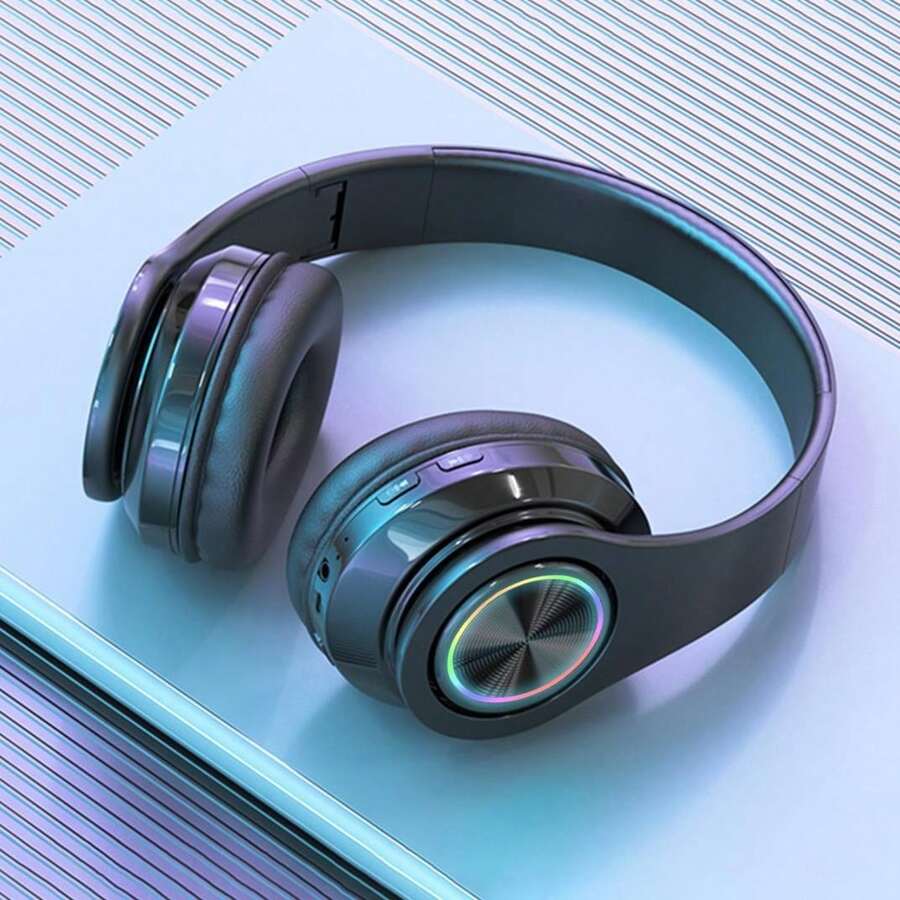 Bluetooth Wireless Headphones, Over-Ear Headphones, Active Noise-Cancelling Color LED Light Comfortable Foldable Headphones, Can Be Connected To A 3.5mm Audio Cable As DJ Monitoring Headphones, Aux Interface, Long Battery Life, High-Fidelity Stereo E-Sports Gaming Headphones, Suitable For/Tablet /PC/ Console/Mobile Phone/Birthday Travel Gift - 黑色 - 查看 1