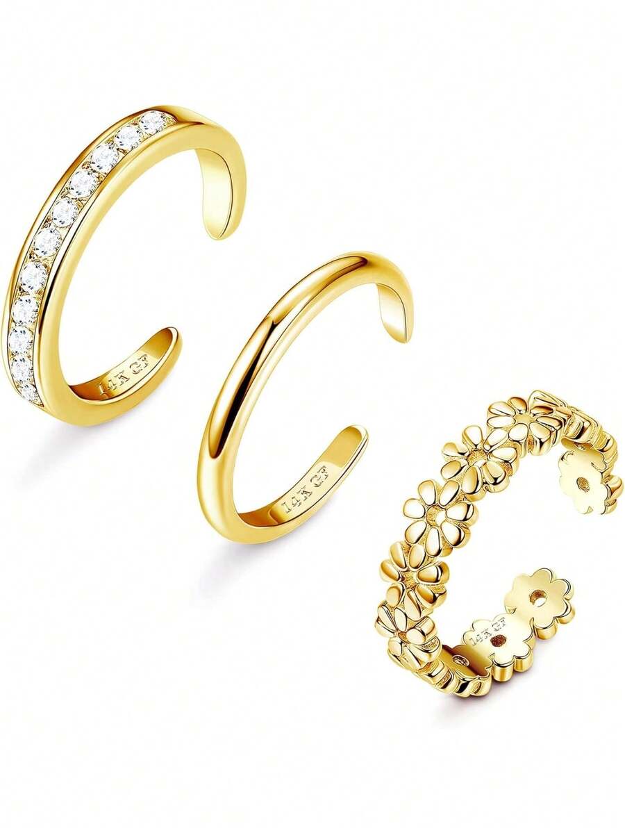 Milacolato 3Pcs Gold Filled Toe Rings For Women Non Tarnish 14K Gold Filled Toe Ring Adjustable Flower Cz Dainty Toe Ring Summer Beach Open Toe Rings Set Toe Jewelry Foot Jewelry - 彩色 - 查看 1
