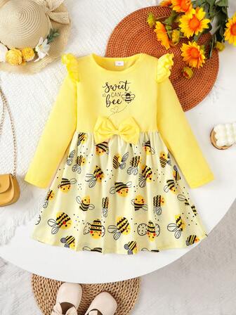 Vestido casual de manga larga con estampado de abeja y patchwork, para niñas, otoño/primavera
