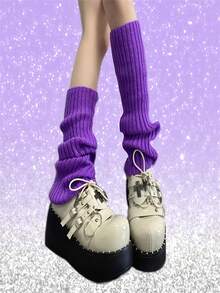 Harajuku Style Women's Rib Knitted Leg Warmers, Long Tube Leg Warmers, Calf Leg Warmers, Warm Leg Warmers, Lolita Knee Leg Warmers, Autumn/Winter, Y2k, Cozy - Purple - View 3