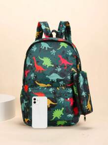 2pcs College Style Fashion Cartoon Dinosaur Print Youth Large Capacity Backpack Back To School Season Schoolbag - Green - View 3