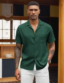 Mens Casual Short Sleeve Button Down Shirts Cuban Linen Textured Shirt Summer Beach Wear-20256688 - 深藍色 - 查看 10
