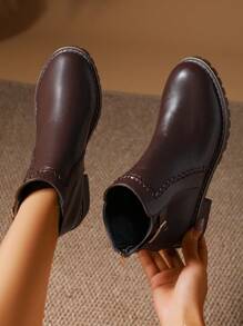 女士秋冬皮革前拉链时尚皮带扣粗跟圆头靴，透气面料衬里，适合日常、派对、旅行，英伦风格靴子，女靴