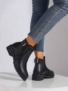 Women's Autumn/Winter Leather Front Zipper Fashion Belt Buckle Thick Heel Round Toe Boots, Breathable Fabric Lining, Flat Comfortable For Long-Time Wear, Versatile For Daily, Party, Travel, Retro British Style