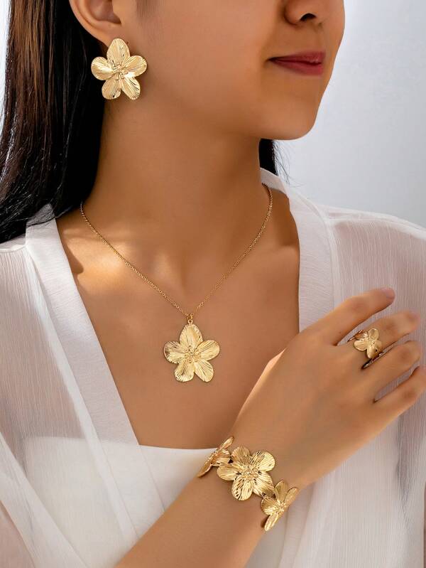 1 Set Floral Pendant Necklace, Earrings, Ring, Bracelet Versatile Jewelry Set For Women