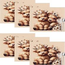 1pc/4pcs/6pcs Cute Highland Cow Printed Linen Placemats, Suitable For Dining Table, All Season Decor, Modern Washable Table Mats, Room Decor, Coasters, Kitchen Dining Mats, Indoor Outdoor Party Decoration, Home Decor, Ideal Gift - Multicolor - View 14