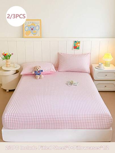 2/3pcs Pink Plaid Bedding Set, Soft & Skin-Friendly Fitted Sheet Set, Suitable For Bedroom/Dorm (Boys/Girls), Travel, 2/3 Pieces (1 Fitted Sheet + 1/2 Pillowcase, No Comforter)