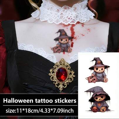 1Pc Halloween Tattoo Fake Tattoo Temporary Tattoo Cartoon Straw Bear Y2K Colorful Waterproof Sweatproof Disposable For Women And Mem Face, Arm, Waist, Chest, Leg, Abdomen, Neck, Hand, Finger, Back For Dancing Party Stage Performance Modernist Body Art
