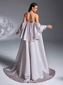 A Light Gray 3D Petal Beaded Embroidery Satin Strapless Long Cape Mermaid Luxury Evening Gown Party Spring Wedding - Mauve Purple - View 2