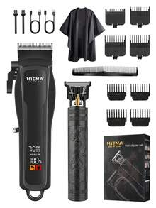 HIENA 2 件专业电动理发器套装，黑色和金色男士理发器组合，LED，T9 刀片剃须，男士无线理发器，多种配件，使清洁和护理更容易 - 黑色 - 查看 1