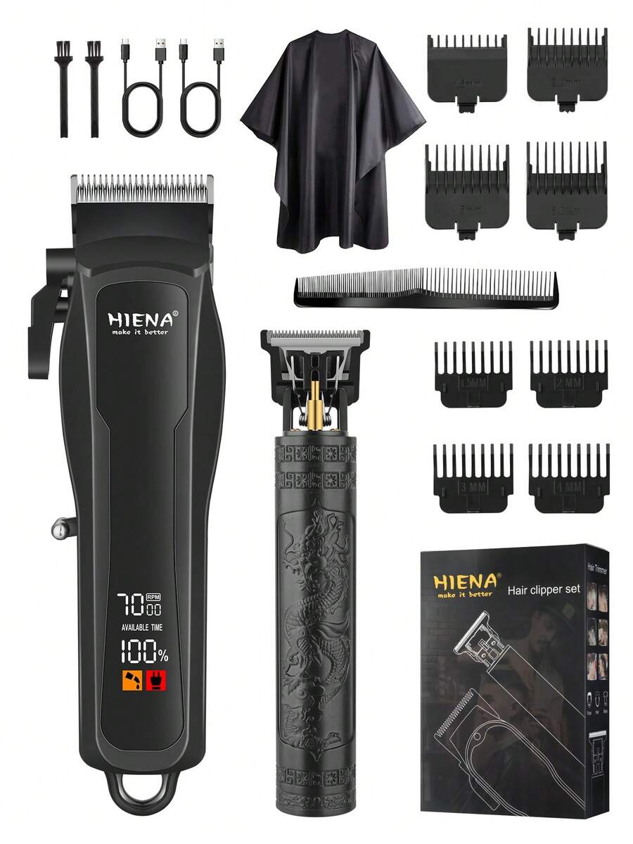 HIENA 2 件专业电动理发器套装，黑色和金色男士理发器组合，LED，T9 刀片剃须，男士无线理发器，多种配件，使清洁和护理更容易 - 黑色 - 查看 1