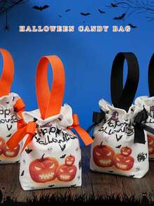 1/2 piezas Bolsa de lona para compras con elementos de terror de Halloween, bolsa de embalaje de caramelos con diseño de calabaza y cara de fantasma, bolsa de regalo para las vacaciones de Halloween